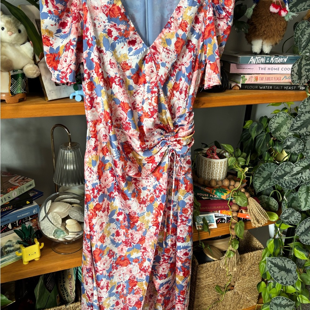 Floret Studios Floral Satin Faux Wrap Midi Dress | Medium - Picture 2 of 7